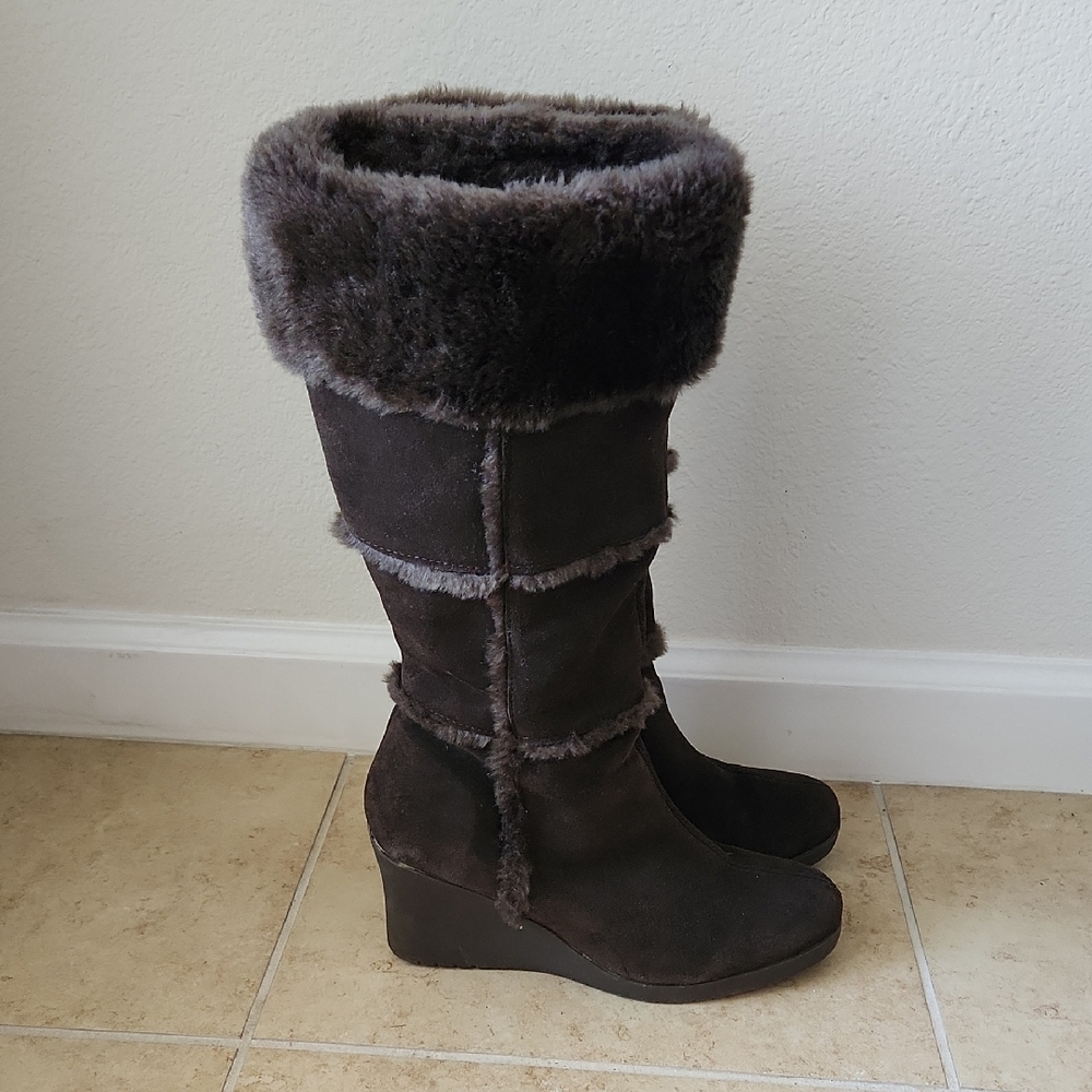 Canyon River Blues Brown Suede Leather Fur Lined Wedge Boots Sz 7.5 Festivals